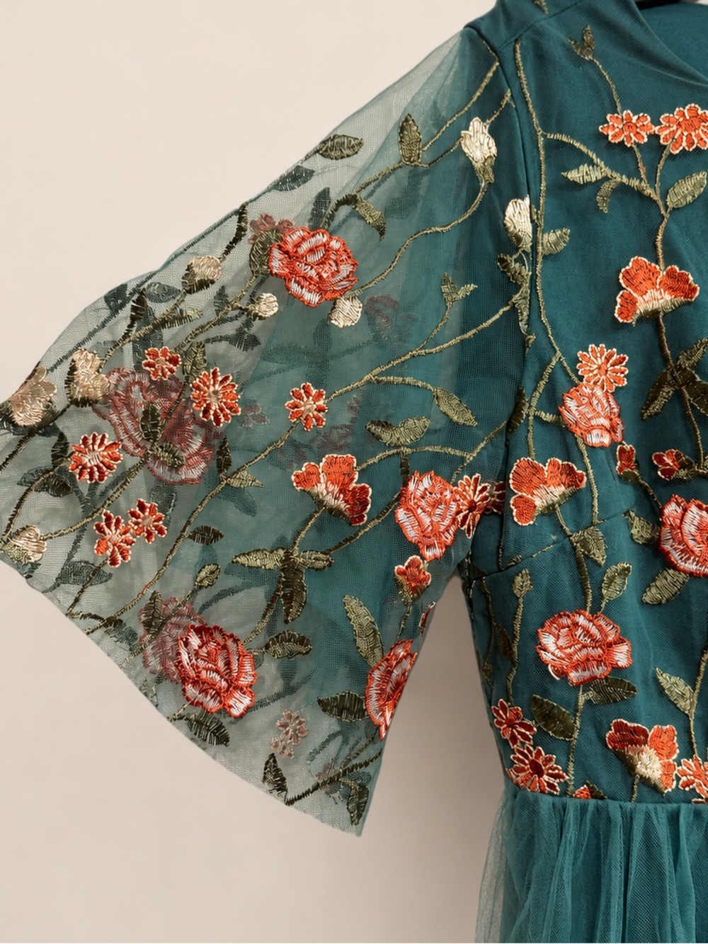 Baltic Born Teal Embroidered Floral Tulle Dress - Picture 2 of 9